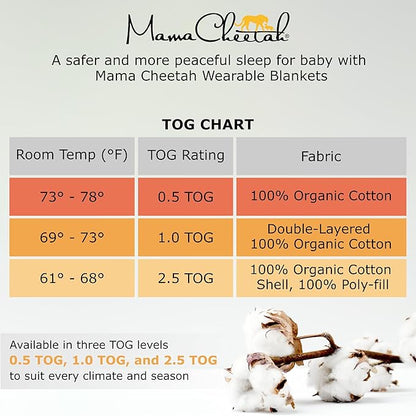 Mama Cheetah Toddler Sleep Sack with Feet 2T, 1.0 TOG Organic Cotton Baby Wearable Blankets with Legs, Baby Sleeping Bag for Walkers, Early Walker Medium