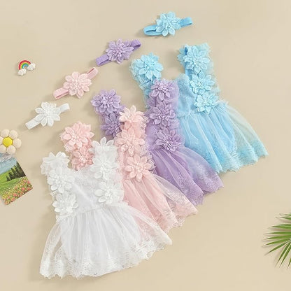 Infant Baby Girl Lace Romper Baby Tulle Dress Romper Flowers Bodysuit Spring Summer Festival Clothes with Headband
