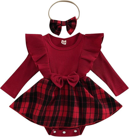 Hnyenmcko Newborn Baby Girl Christmas Clothes Infant Red Plaid Romper Dress Ruffle Long Sleeve Ribbed Bodysuit Headband Set