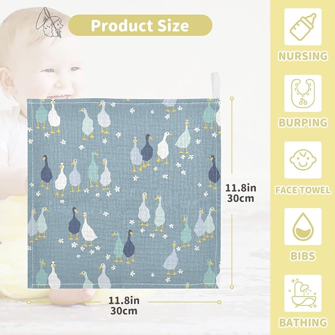 Vvfelixl Baby Washcloths Cotton Funny Gooses Muslin Soft Face Towel for Newborn Infants, 11.8 X 11.8 Inch, 3 Pack Blue