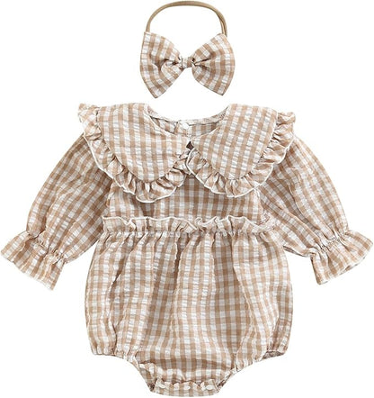 2pcs Infant Baby Girls Romper Dress Headband Long Sleeve Clothing Flowers Newborn Boho Girl Outfit Jumpsuit Clothes