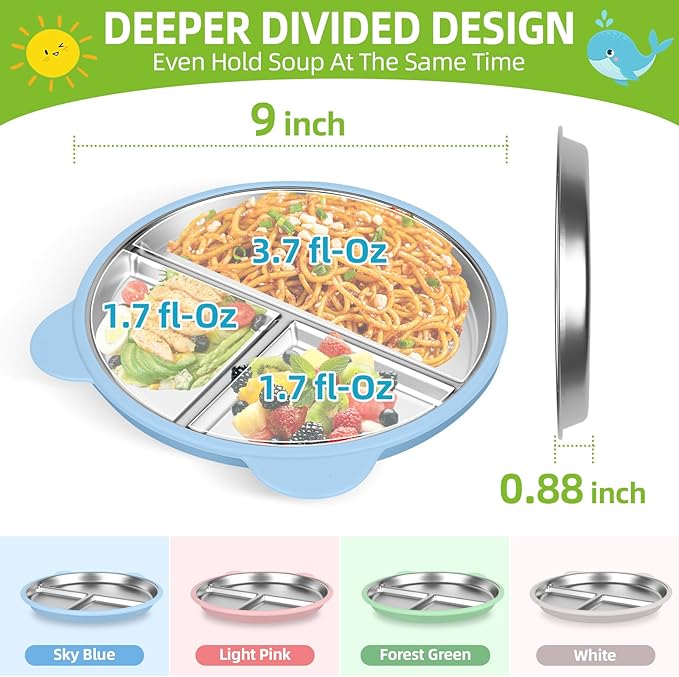 4 Pack Stainless Steel Toddler Plates with Suction - 9" Kids Divided Plates Removable Silicone Sleeves for Baby Led Weaning, Bear Ear Design Non Slip BPA-Free Dishwasher Safe