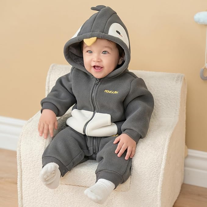 DAVE&BELLA Animal Jumpsuit for Baby Boy Girl, Hooded Winter One-Piece Romper Zip Up Fleece Infant Bodysuit with Snap Closure