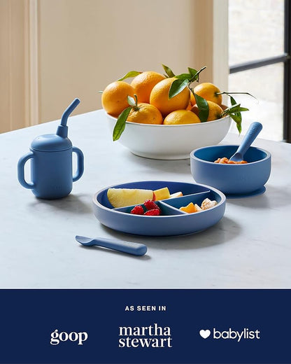 Lalo First Bites Silicone Baby Feeding Set - Baby Led Weaning Supplies - Non-Toxic Silicone - Includes 1 Bib, 2 Spoons, Training Cup, Suction Plate and Bowl - 6 Pieces - Grapefruit