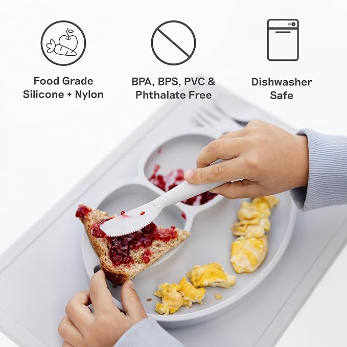 ezpz Happy Utensils (Sage) - 24 Months+ - BPA Free Toddler Utensils - Fork, Spoon and Knife for Toddlers and Preschoolers - Kids for Self-Feeding Development