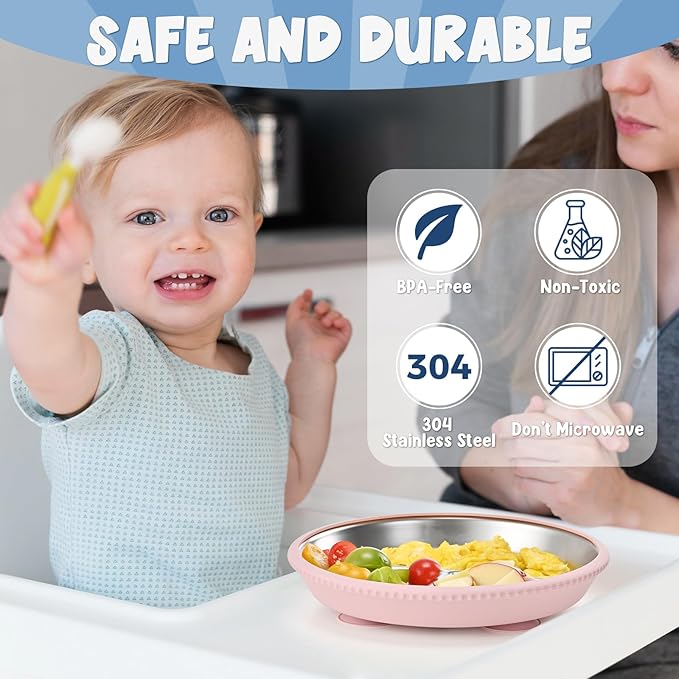 2-Pack Stainless Steel Kids’ Plates with Suction Bases, 8.26" Divided Toddler Plates with Removable Silicone Sleeves, Non-Slip, BPA-Free, Dishwasher Safe (Green & Beige)