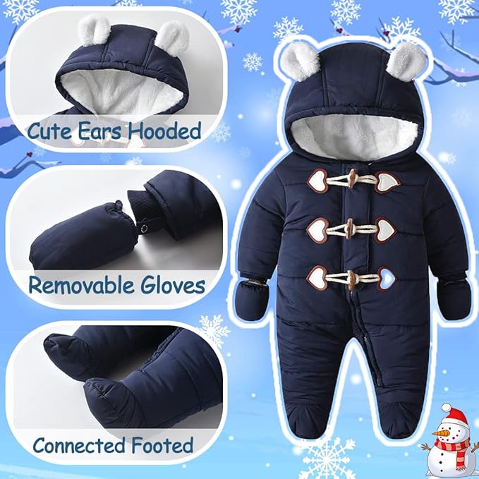 Baby Winter Snowsuit Warm Hooded Coat Onesie Romper Jumpsuit with Footed Gloves for Boys Girls 3-24 Months