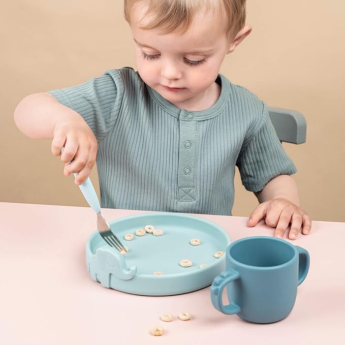 Done by Deer Easy-Grip Cutlery Set Deer Friends Blue - Anti-Slip Handles, Soft Silicone, Stainless Steel, Spoon, Fork, and Knife - Perfect for Independent Toddlers Learning to Self-Feed