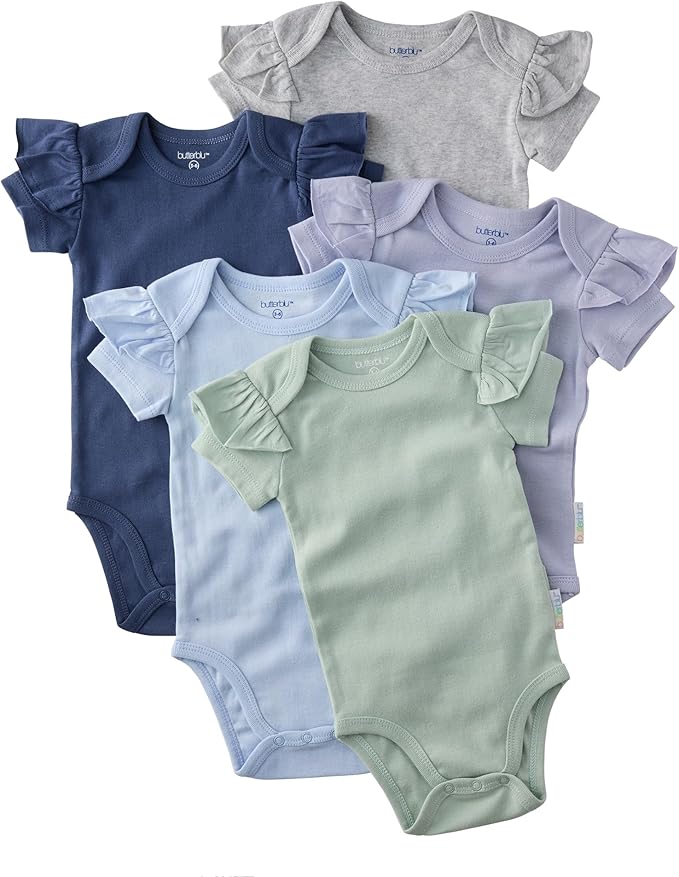 baby-girls Rory 5-pack Short Sleeve Ruffle Shoulder Bodysuits 100% Organic Cotton for Baby Girls