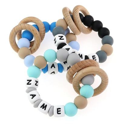 Personalized Baby Gift-Teether Ring With Name,Custom Teether Rattle For Boys Girls, Silicon Teething Wooden Ring