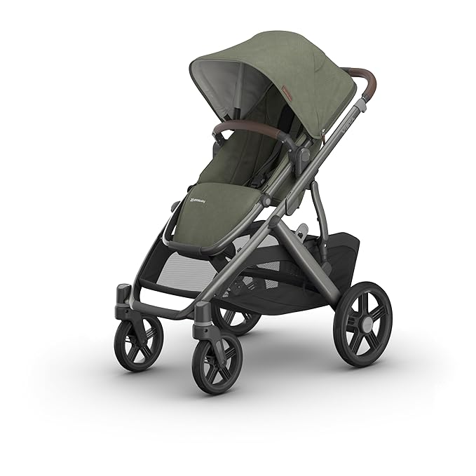 UPPAbaby Vista V3 Stroller - Full-Size Single-to-Double Stroller System - Toddler Seat, Bug Shield, Rain Shield, and Storage Bag Included - Evelyn (Meadow Green/Graphite Frame/Chestnut Leather)