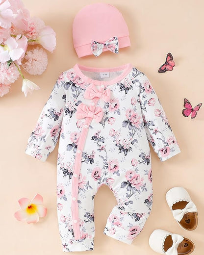 Mioglrie Newborn Baby Girl Clothes Long Sleeve Romper Infant Fall Winter Outfits Floral Hat Jumpsuit Preemie Girl Clothes