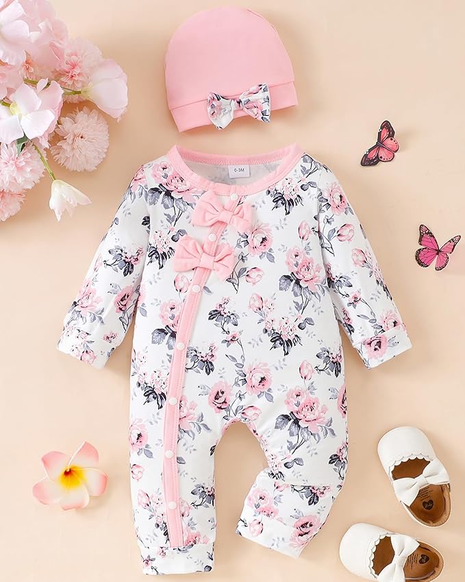 Mioglrie Newborn Baby Girl Clothes Long Sleeve Romper Infant Fall Winter Outfits Floral Hat Jumpsuit Preemie Girl Clothes