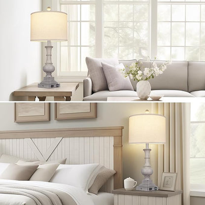 26" Farmhouse Lamp with 2 USB Ports & AC Outlet, Vintage Rustic Touch Control Bedside Lamp, Resin 3-Way Dimmable Nightstand Lamp Fabric Shade for Living Room Bedroom Decor Gray(LED Bulb Included)