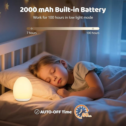 MediAcous Night Light for Kids, Baby Egg Light for Nursery, 7 Colors Changing & Stepless Dimming, Soft Silicone Touch Night Lamp with 1 Hour Timer, Rechargeable Nursery Night for Breastfeeding