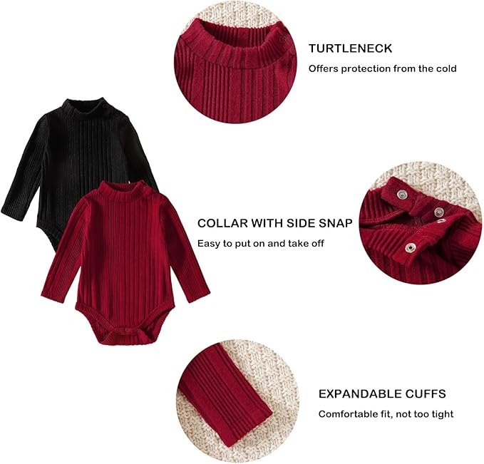 DEFAHN Baby Turtleneck Bodysuit Long Sleeve Boy Girl Ribbed Knit Jumpsuit Outfit 2 Pack Baby Solid Onsies 0-24 Months