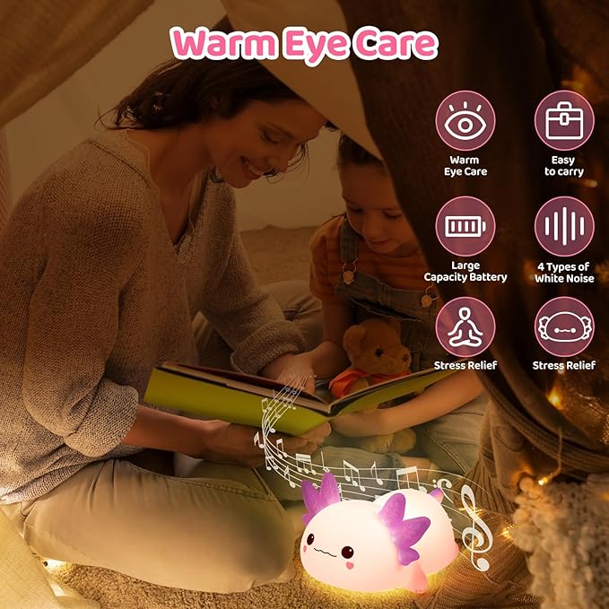 Mewaii Huggwaii Squishy Axolotl Night Light for Kids, 4 Soothing White Noise Sounds, Dimmable Silicone Axolotl Lamp Toddler Light, Upgraded Rechargeable Nightlight,Baby Gifts & Girls Room Decor