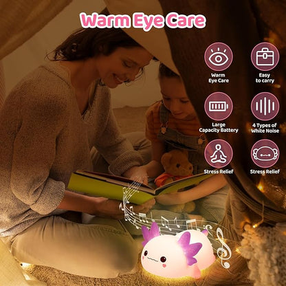 Mewaii Huggwaii Squishy Axolotl Night Light for Kids, 4 Soothing White Noise Sounds, Dimmable Silicone Axolotl Lamp Toddler Light, Upgraded Rechargeable Nightlight,Baby Gifts & Girls Room Decor