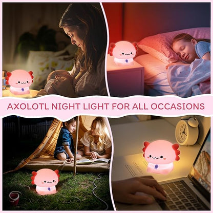 Axolotl Night Light for Kids - 3-Level Dimmer & Auto-Off Timer, Child-Safe Silicone Lamp, USB-C Rechargeable Nursery Light for Bedroom Breastfeeding (Squishy Animal)