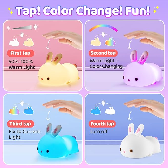 One Fire Bunny Toys for Kids Night Light for Kids with Remote, 16 Colors+5 Brightness Cute Lamp, Soft Silicone Baby Night Light, 1200mAh Portable Dimmable Touch Lamps, Kawaii Room Decor