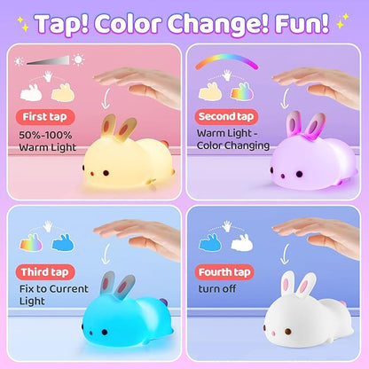 One Fire Night Light for Kids, 16 Colors Bunny Toys Cute Lamp, Soft Silicone Baby Night Light, 1200mAh Portable Dimmable Touch Lamps, Kawaii Room Decor, Easter Bunny Gift for 0-13 Year Old Girl Teens