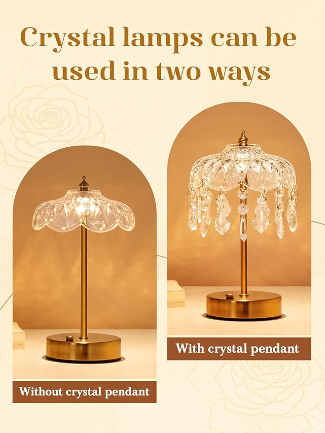 Vintage Lamp, 3 Colors 10 Brightness Crystal Lamp Flower Lamps, 3600mAh Rechargeable Lamps Cordless Lamps Bedroom Kitchen Bathroom, Desk Decor for Women, Valentines Day Gifts Valentines Gifts for Her