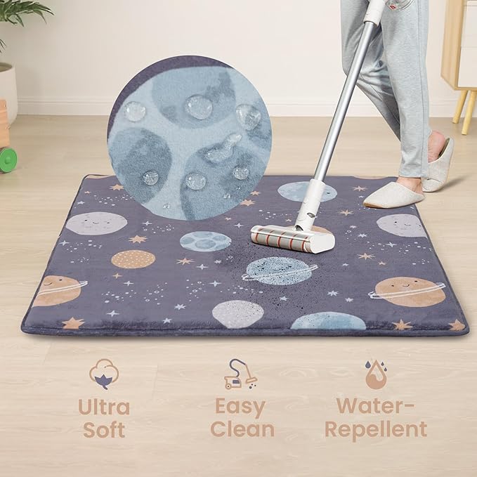 Baby Play Mat for Floor,1.3" Thick Cushioned Playpen Mat 50"x50",Extra Soft Elasti-Foam,Water Repellent Coral Velvet,Non-Slip for Crawling&Tummy Time,Infant Toddler Kids Nursery Rug(Space)