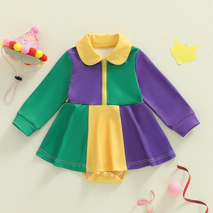 Infant Baby Girl Mardi Gras Outfit Yellow Green Purple Long Sleeve Zipper Romper Dress A-Line Tutu Skirt Bodysuit
