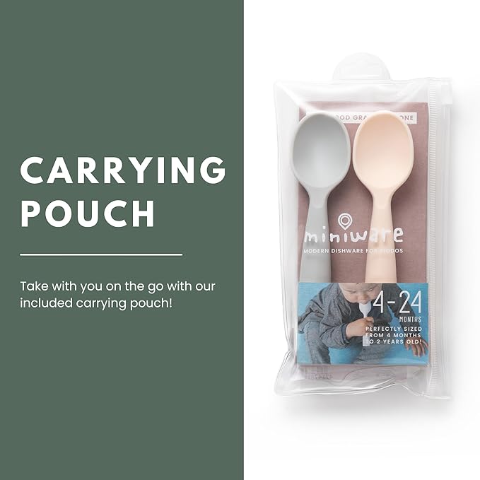 Miniware Silicone Baby Spoon for Training - BPA Free Baby Utensils - Baby Spoons Self Feeding 6 Months | 100% Food Grade Silicone - Modern & Dishwasher Safe Toddler Spoons (Grey and Peach, 2 Pack)