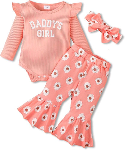 Jecson Newborn Baby Girl Clothes: Soft Cotton Infant Outfits Ruffles Sleeve Romper & Pants Set Cute Fall Home Outing 0-18M