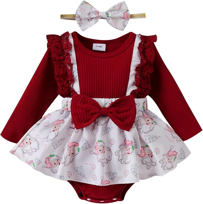 Hnyenmcko Newborn Baby Girl Christmas Clothes Infant Red Plaid Romper Dress Ruffle Long Sleeve Ribbed Bodysuit Headband Set