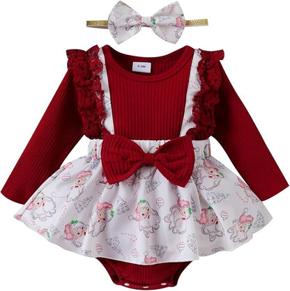 Hnyenmcko Newborn Baby Girl Christmas Clothes Infant Red Plaid Romper Dress Ruffle Long Sleeve Ribbed Bodysuit Headband Set