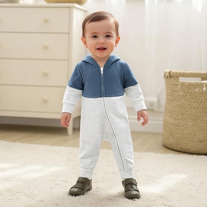 Newborn Baby Boy Fall Outfit Romper Long Sleeve Hooded Contrast Color Zipper Onesie Jumpsuit Bodysuit Infant Clothes
