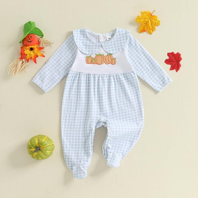 Gaono Newborn Baby Girl Romper Waffle Knit Striped Long Sleeve Doll Collar Heart Bow Jumpsuit Bodysuit Fall Winter Clothes