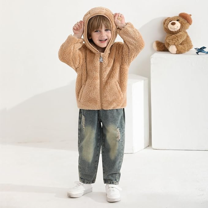 Baby Toddler Boys Girls Fleece Jacket with Hood Zip Up Cute Bear Coats for Infant Boys Girls Fuzzy Jacket with Ear 1-5T