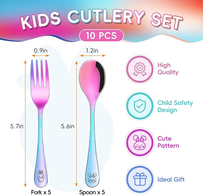 10 Pieces Stainless Steel Rainbow Toddler Utensils Set - Food Grade Kids Silverware Set Children Safe Small Forks and Spoons Mirror Polished Sturdy and Durable Dishwasher Safe
