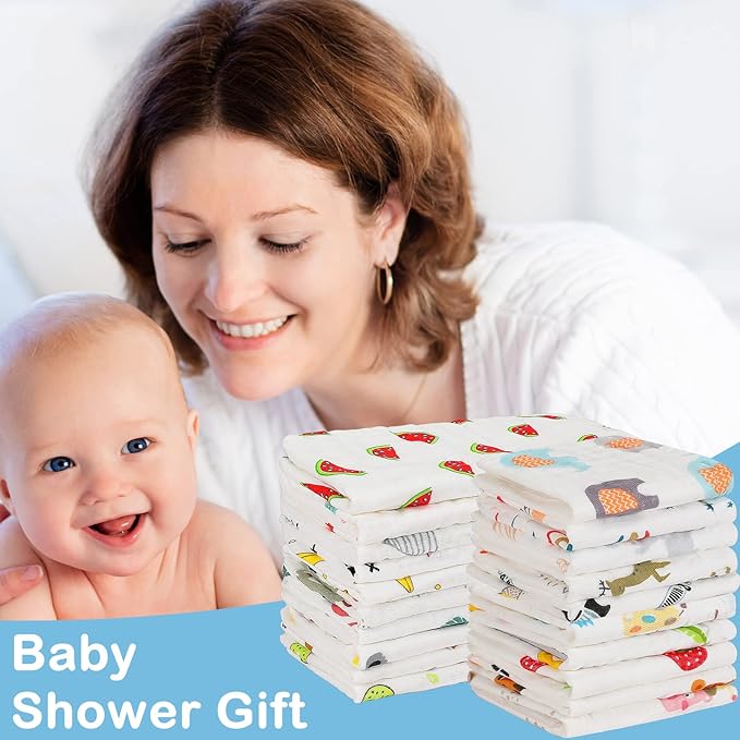 Kenning 20 Pack Muslin Baby Burp Cloths Large 20 x 10 Inches and 10 x 10 Inch Cotton Baby Burp Rags Cute Towel and Washcloths Face Towels 6 Layers Absorbent for Infant Shower, 20 Styles