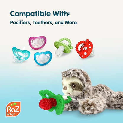 RaZbaby Sloth RaZbuddy w/RaZberry Teething Relief Pacifier – Soothes Sore Gums w/Nature-Inspired Texture, 100% BPA-Free Silicone Teether, Detachable Stuffed Animal – 3 Months+ Teether, Tan