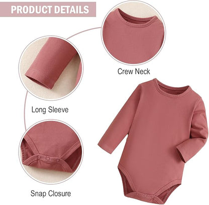 ROMPERINBOX Long Sleeve Onsies Girl 3 Pack Knitted Solid Baby Crew Neck Bodysuit Multicolors 0-24 Months