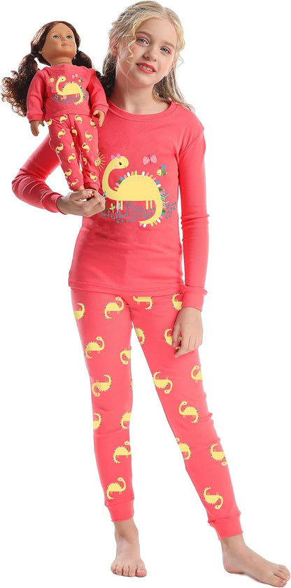 Babyroom Girls Matching Doll&Toddler 4 Piece Cotton Pajamas Toddler Christmas Sleepwear