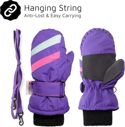 F Flammi Toddler Kids Snow Mittens with String Waterproof Ski Mittens Thinsulate Winter Gloves for Baby Girls Boys