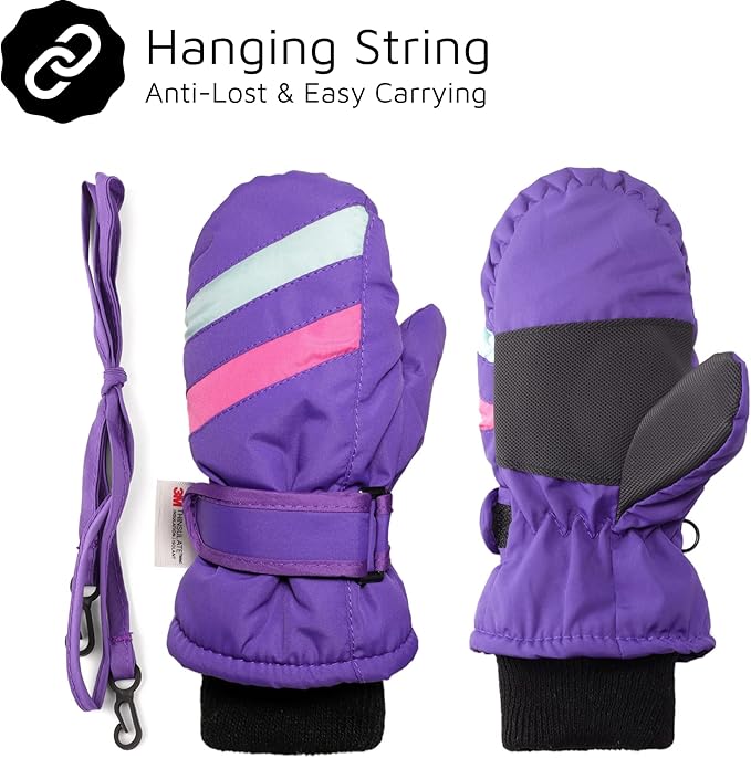 F Flammi Toddler Kids Snow Mittens with String Waterproof Ski Mittens Thinsulate Winter Gloves for Baby Girls Boys