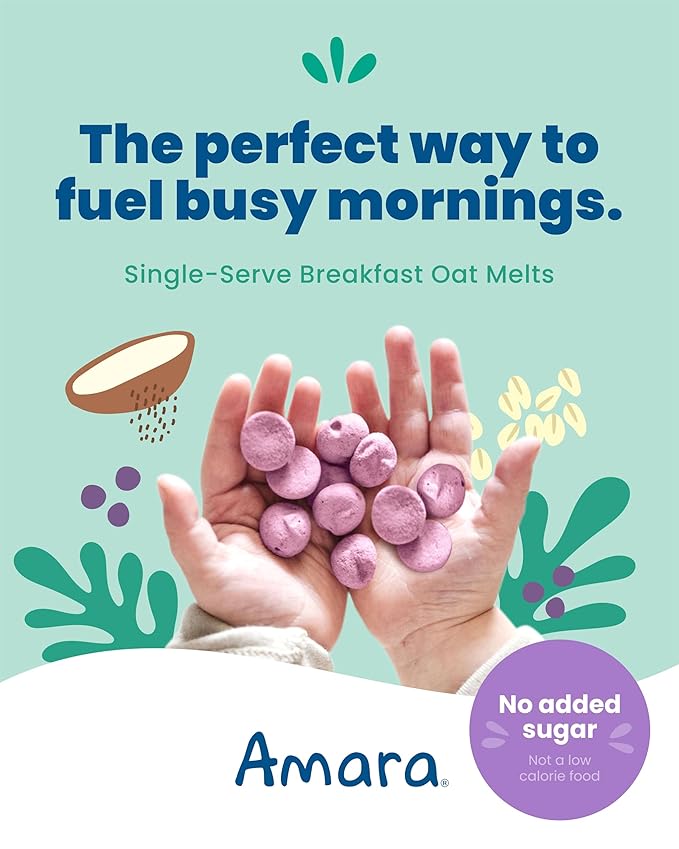 Amara Breakfast Oat Melts - Organic Toddler Snack - Single Serve Fiber-Packed Oat Bites with Real Fruit, No Added Sugar, Quick Dissolving, Blueberry - 12 Pack