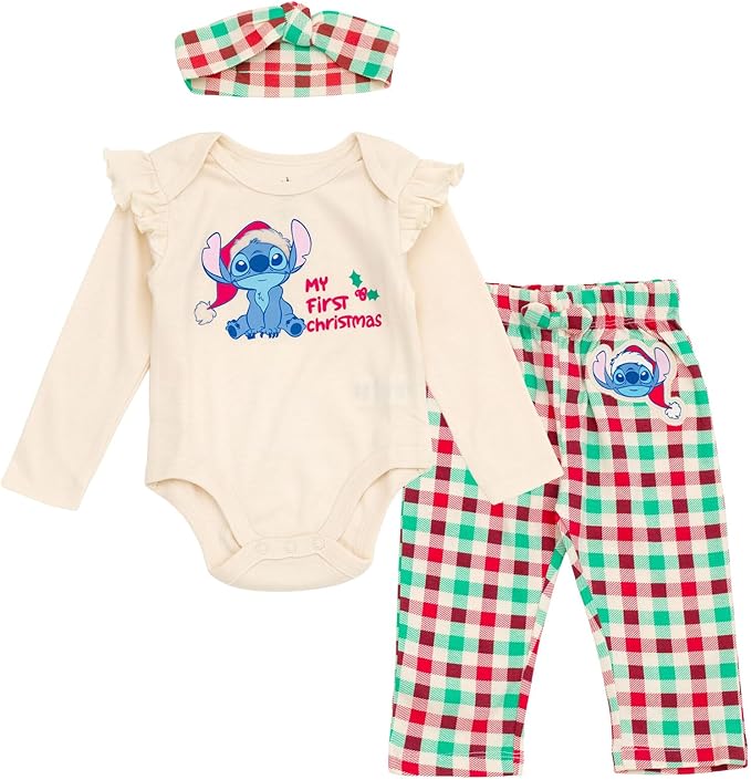 Disney Christmas Baby Girls Bodysuit, Pants and Headband 3 Piece Outfit Set Newborn to Infant Sizes (Newborn - 24 Months)