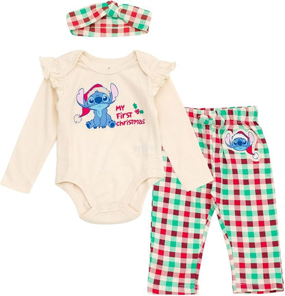 Disney Christmas Baby Girls Bodysuit, Pants and Headband 3 Piece Outfit Set Newborn to Infant Sizes (Newborn - 24 Months)