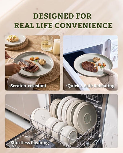 Famiware Meteor Stoneware Dinnerware Sets with Pasta Bowls, Service for 4 (16 Pieces), Plates and Bowls Sets, Microwave and Dishwasher Safe Dishes Set, Matcha Green