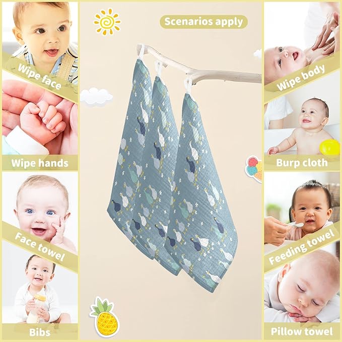 Vvfelixl Baby Washcloths Cotton Funny Gooses Muslin Soft Face Towel for Newborn Infants, 11.8 X 11.8 Inch, 3 Pack Blue