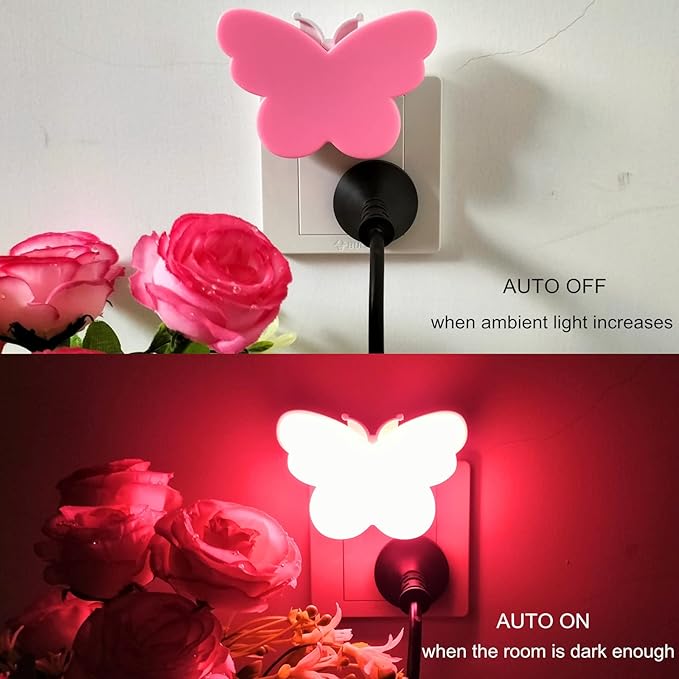 2pcs Butterfly LED Plug-in Night Light, Plug Into Wall Night Lights with Smart Dusk to Dawn Sensor, Auto On/Off, Suitable for Bedroom Bathroom Hallway Kids Room (Pink Light + Blue Light)