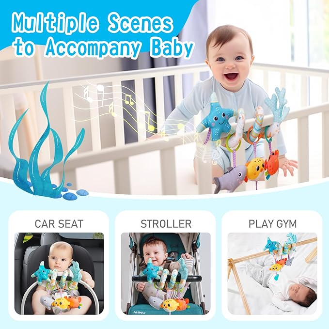 Jollybaby Crib Stroller Car Seat Toys for Baby 0-3-6-9-12 Months, Tummy Time Hanging Sensory Toys for Newborn with Music Box and Teether, Spiral Carseat Toy for Infant Boys Girls Gifts (Blue)