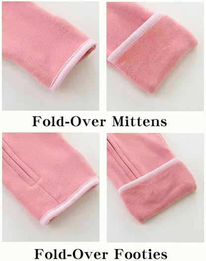 Newborn Baby Bear Onesie Winter Snowsuit With Fold-over Mittens & Footies Zip Up Baby Fleece Jumpsuit 0-18M